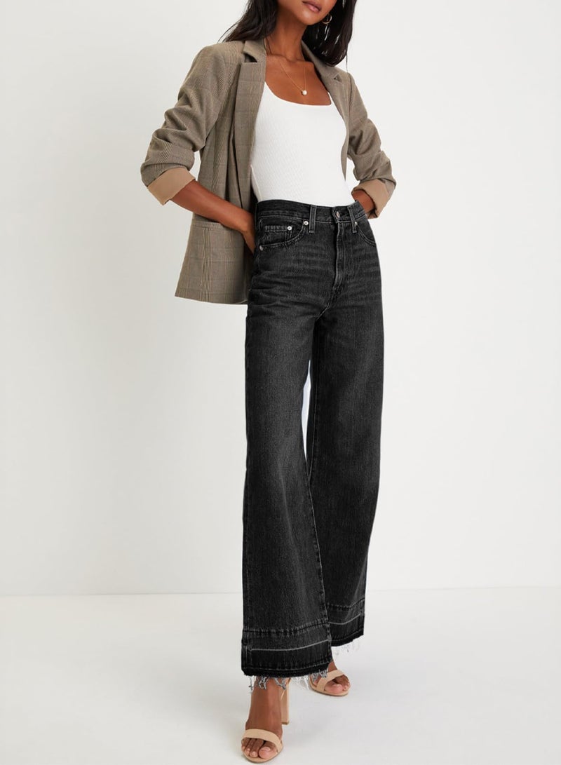 Astylish Womens High Waisted Straight Leg Long Jeans Wide Leg Raw Hem Zimbaplatinum Denim Pants Black - Image 3