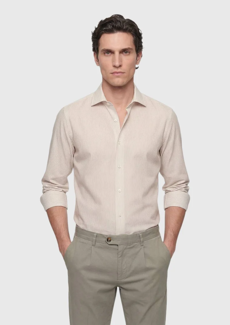 RAMSEY Beige Striped Casual Fit Long Weaving Casual Cotton Blended Shirt