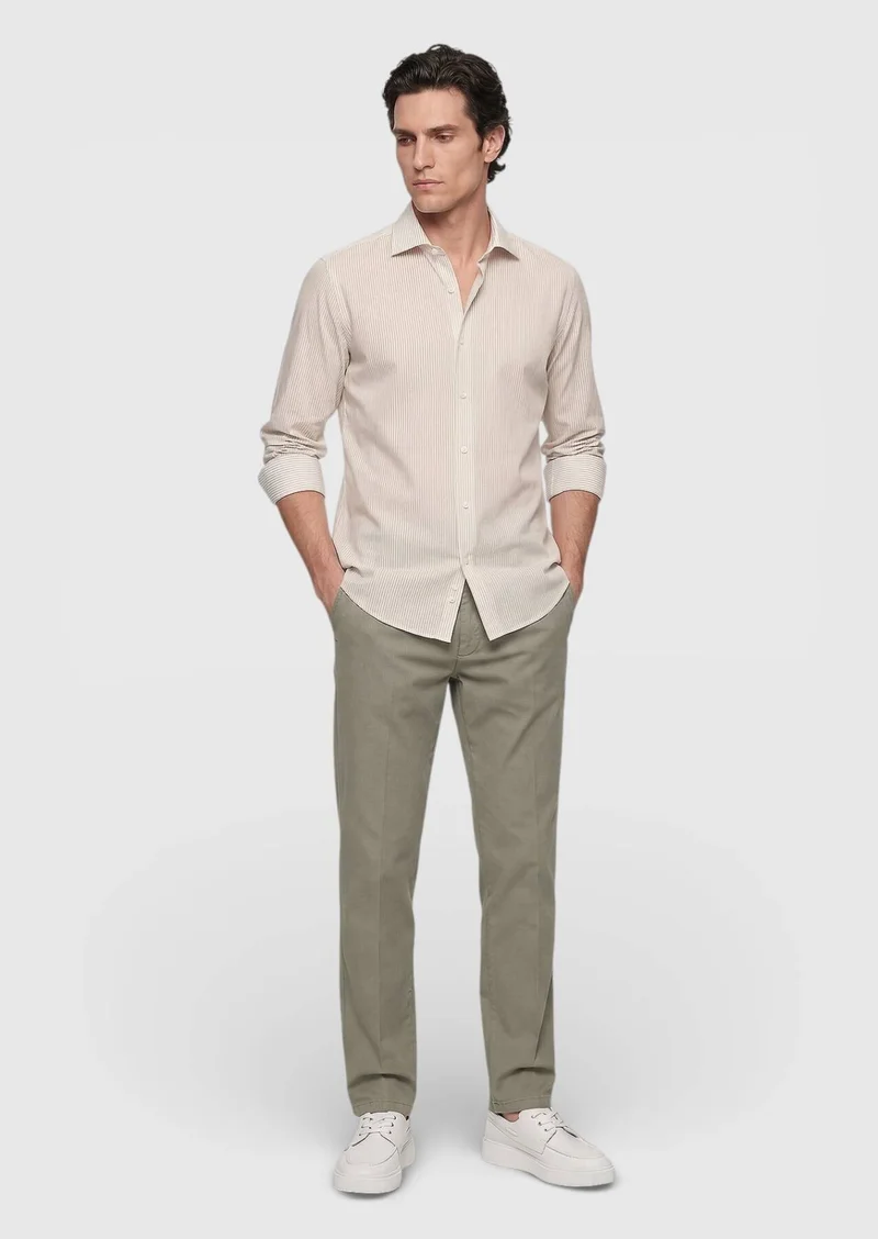 RAMSEY Beige Striped Casual Fit Long Weaving Casual Cotton Blended Shirt