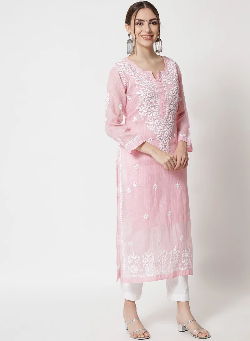 Alaya Hand Embroidered Chikankari Kota Straight Kurta With Slip-AL3540