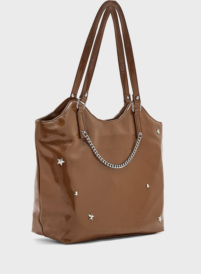 Ginger Star & Heart Studded Multi Pocket Tote Bag