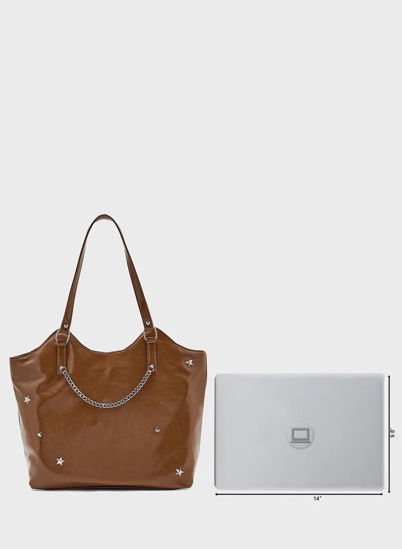 Ginger Star & Heart Studded Multi Pocket Tote Bag