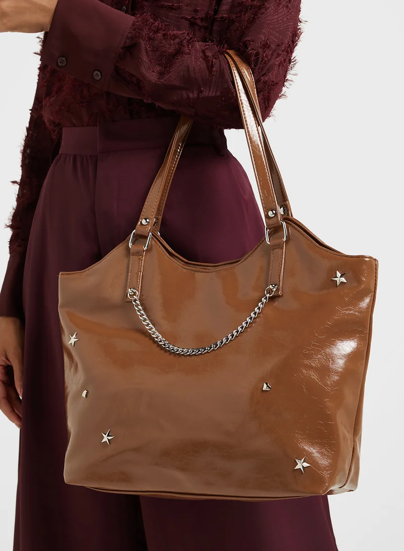 Ginger Star & Heart Studded Multi Pocket Tote Bag