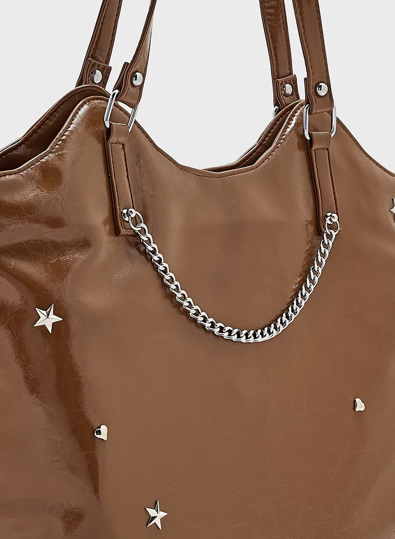 Ginger Star & Heart Studded Multi Pocket Tote Bag