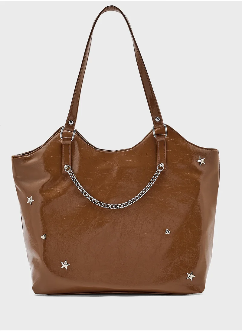 جينجر Star & Heart Studded Multi Pocket Tote Bag