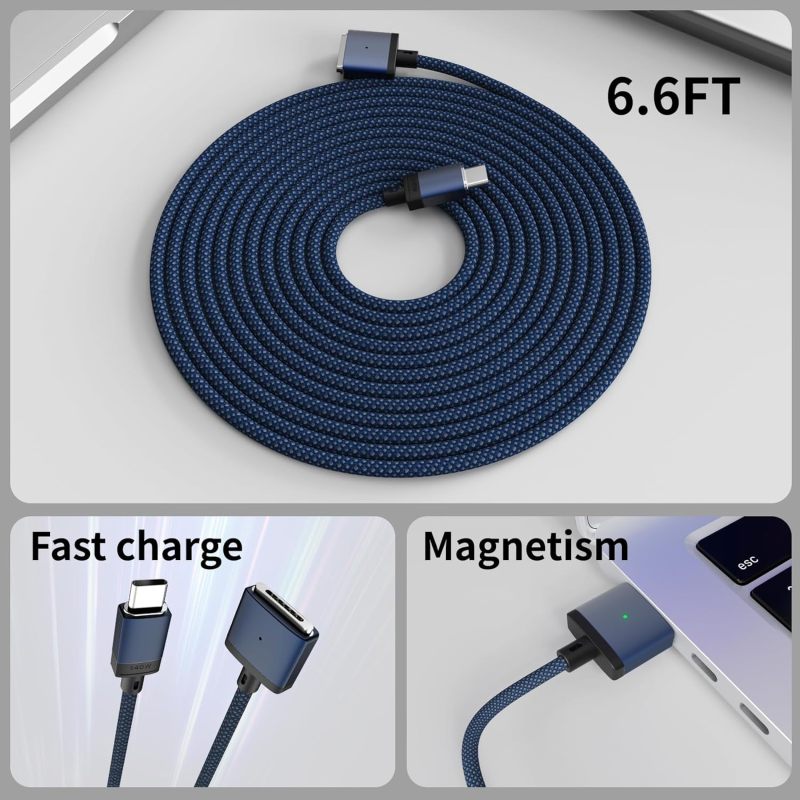 كابل مغناطيسي USB-C بطولة 2 متر مصبوب نايلون مع غلاف سيليكون - موصل آمن ومأمن للشحن السريع بقوة 140 وات لماك بو برو M3/M2 وماك بو إير M2 - Image 5