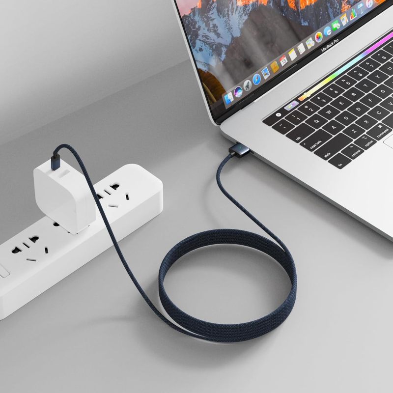 كابل مغناطيسي USB-C بطولة 2 متر مصبوب نايلون مع غلاف سيليكون - موصل آمن ومأمن للشحن السريع بقوة 140 وات لماك بو برو M3/M2 وماك بو إير M2 - Image 3