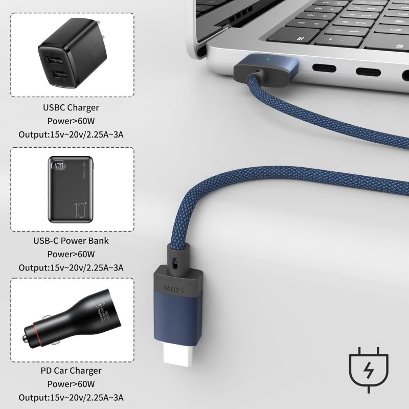كابل مغناطيسي USB-C بطولة 2 متر مصبوب نايلون مع غلاف سيليكون - موصل آمن ومأمن للشحن السريع بقوة 140 وات لماك بو برو M3/M2 وماك بو إير M2 - Image 4