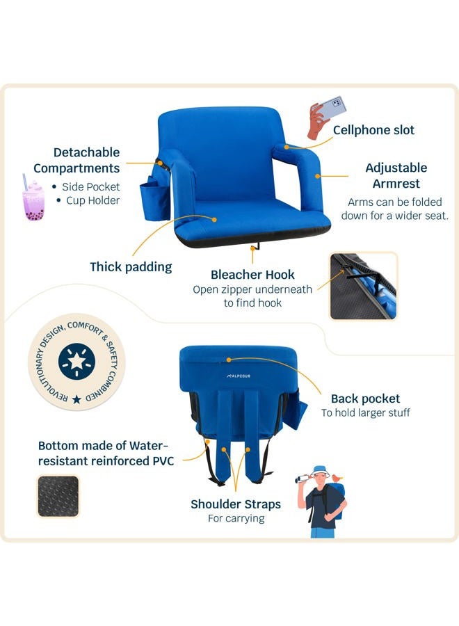 Alpcour (blue) - Reclining Stadium Seat with Armrests and Side Pockets - Blue - Portable Stadium Chair with Backs and Durable Waterproof Padded Cushion for Bleachers, Camping, Lawns, and Beach - Image 3