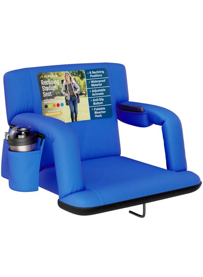 Alpcour (blue) - Reclining Stadium Seat with Armrests and Side Pockets - Blue - Portable Stadium Chair with Backs and Durable Waterproof Padded Cushion for Bleachers, Camping, Lawns, and Beach - Image 1