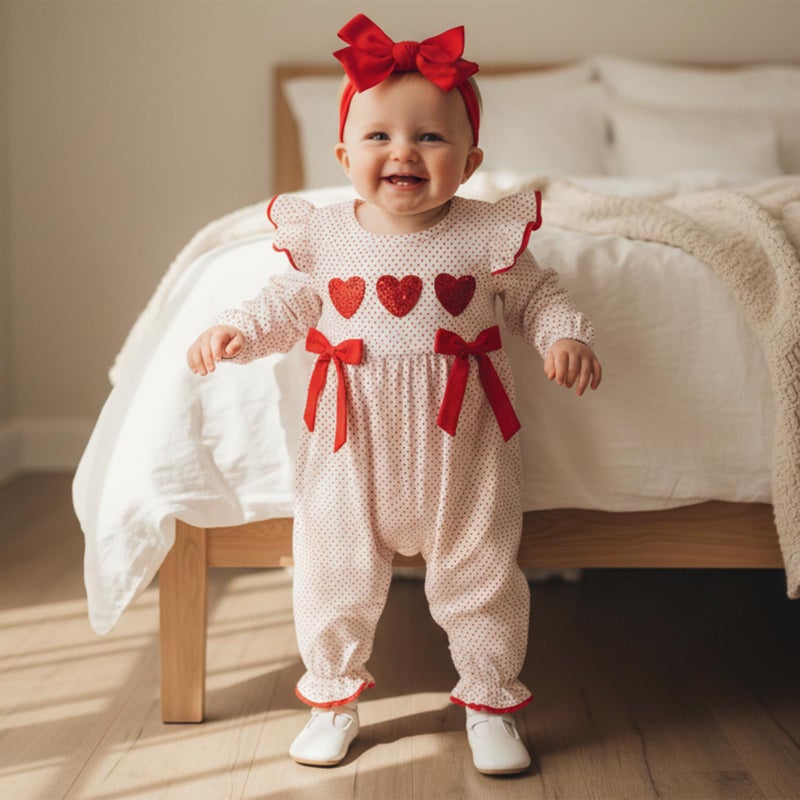 Lamuusaa Newborn Baby Girl Valentines Day Outfit Ruffle Heart Embroidery Romper Polka Dot Bodysuit Jumpsuit Headband Set (White, 3-6 Months) - Image 3