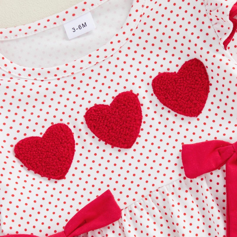 Lamuusaa Newborn Baby Girl Valentines Day Outfit Ruffle Heart Embroidery Romper Polka Dot Bodysuit Jumpsuit Headband Set (White, 3-6 Months) - Image 4