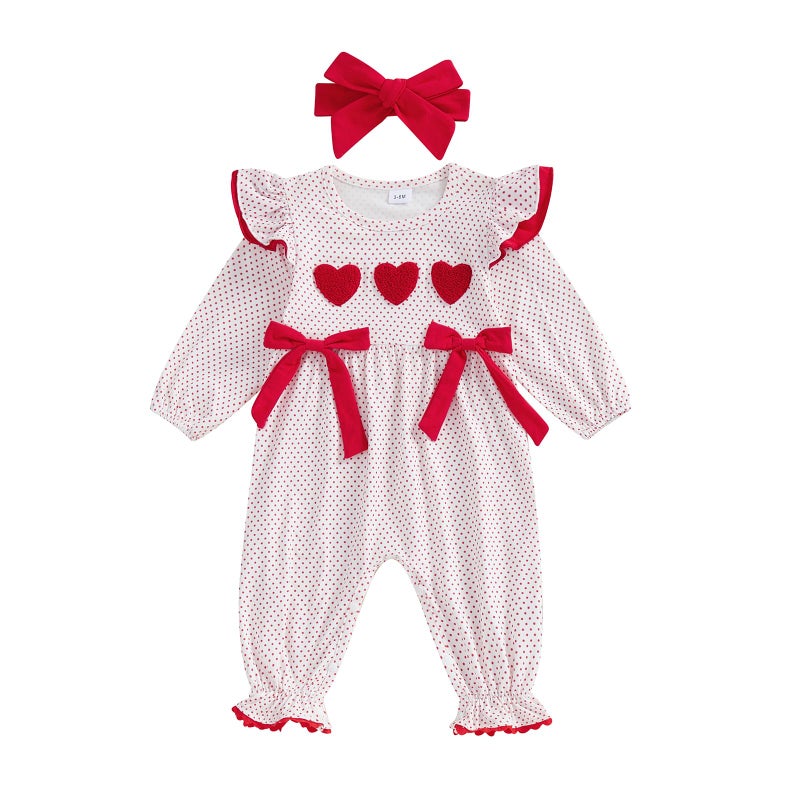 Lamuusaa Newborn Baby Girl Valentines Day Outfit Ruffle Heart Embroidery Romper Polka Dot Bodysuit Jumpsuit Headband Set (White, 3-6 Months) - Image 1