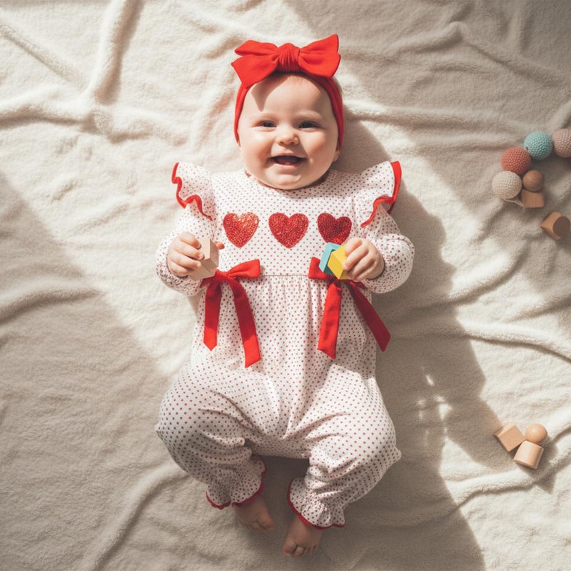 Lamuusaa Newborn Baby Girl Valentines Day Outfit Ruffle Heart Embroidery Romper Polka Dot Bodysuit Jumpsuit Headband Set (White, 3-6 Months) - Image 2