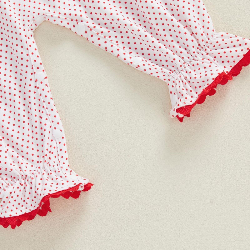 Lamuusaa Newborn Baby Girl Valentines Day Outfit Ruffle Heart Embroidery Romper Polka Dot Bodysuit Jumpsuit Headband Set (White, 3-6 Months) - Image 5