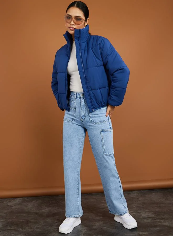 Styli Regular Length Zip Through Panelled Puffer Jacket