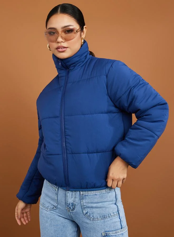 Styli Regular Length Zip Through Panelled Puffer Jacket