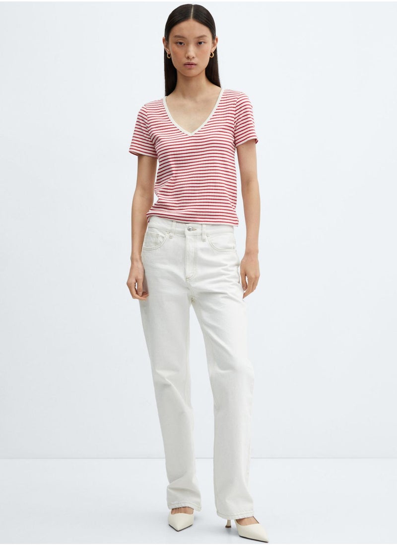 MANGO - V-Neck Striped T-Shirt - Image 1