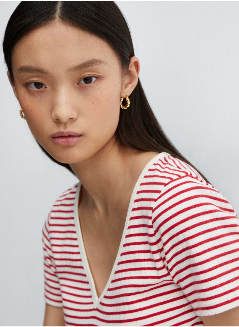 MANGO - V-Neck Striped T-Shirt - Image 1