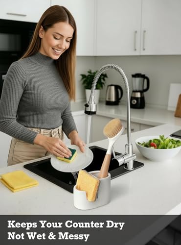 BekPooQ Ceramic Sponge Holder for Kitchen Sink, 2-in-1 Sponge & Brush Organizer, Compact Countertop Sink Caddy with Raised Edge to Catch Drips, Keeps Countertops Dry, Dishwasher Safe, Rustproof, White - Image 2