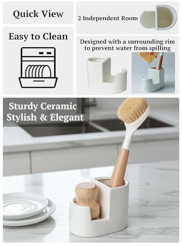 BekPooQ Ceramic Sponge Holder for Kitchen Sink, 2-in-1 Sponge & Brush Organizer, Compact Countertop Sink Caddy with Raised Edge to Catch Drips, Keeps Countertops Dry, Dishwasher Safe, Rustproof, White - Image 4