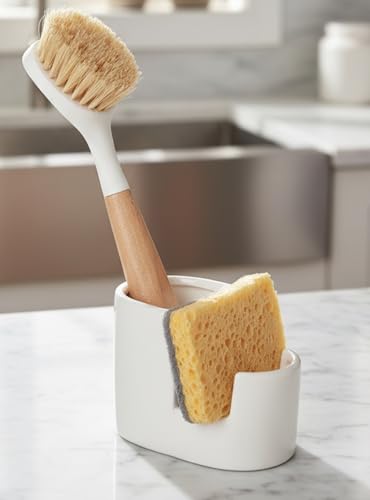 BekPooQ Ceramic Sponge Holder for Kitchen Sink, 2-in-1 Sponge & Brush Organizer, Compact Countertop Sink Caddy with Raised Edge to Catch Drips, Keeps Countertops Dry, Dishwasher Safe, Rustproof, White - Image 1