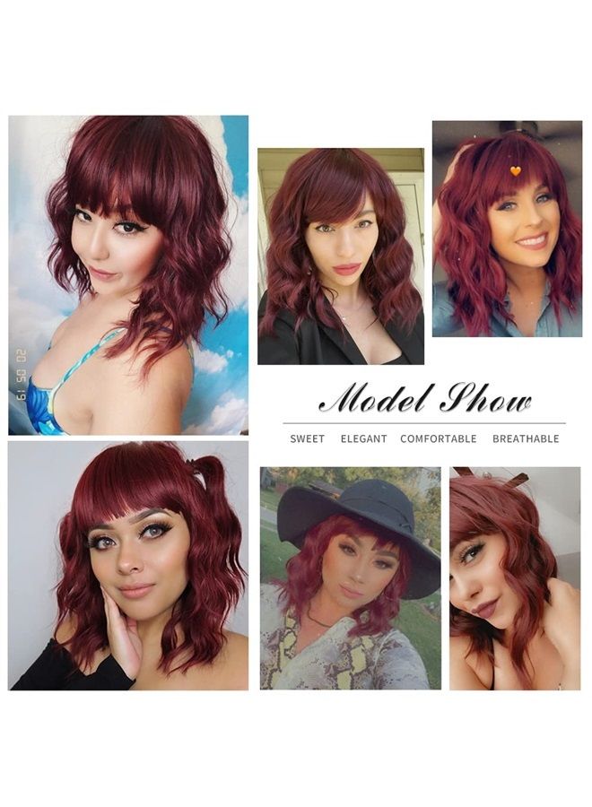 Nnzes Bob Curly Wig Synthetic Short Wine Red Wig with Bangs Natural Looking Heat Resistant Fiber Hair for Women - Image 2