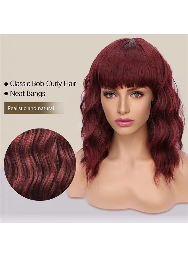Nnzes Bob Curly Wig Synthetic Short Wine Red Wig with Bangs Natural Looking Heat Resistant Fiber Hair for Women - Image 1