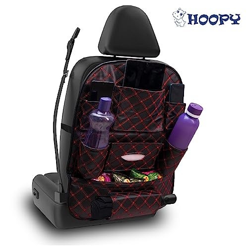 HOOPY Pu Leather Auto Car Back Seat Organizer With Foldable Dining Table Tray, Multipocket Storage Tablet, Bottle And Tissue Paper Holder_Black With Red Embroidered, Automobiles - Image 4