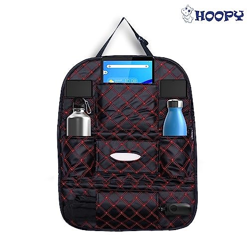 HOOPY Pu Leather Auto Car Back Seat Organizer With Foldable Dining Table Tray, Multipocket Storage Tablet, Bottle And Tissue Paper Holder_Black With Red Embroidered, Automobiles - Image 5