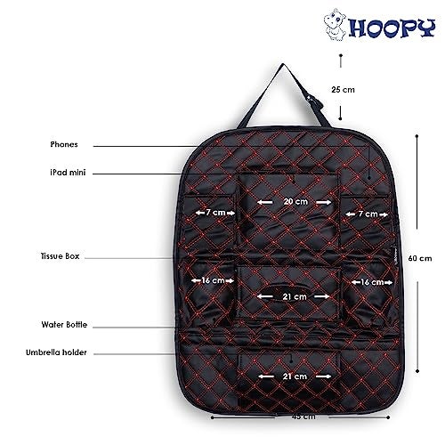 HOOPY Pu Leather Auto Car Back Seat Organizer With Foldable Dining Table Tray, Multipocket Storage Tablet, Bottle And Tissue Paper Holder_Black With Red Embroidered, Automobiles - Image 2