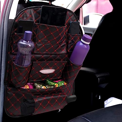 HOOPY Pu Leather Auto Car Back Seat Organizer With Foldable Dining Table Tray, Multipocket Storage Tablet, Bottle And Tissue Paper Holder_Black With Red Embroidered, Automobiles - Image 1