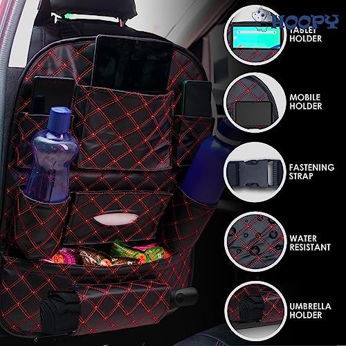 HOOPY Pu Leather Auto Car Back Seat Organizer With Foldable Dining Table Tray, Multipocket Storage Tablet, Bottle And Tissue Paper Holder_Black With Red Embroidered, Automobiles - Image 3