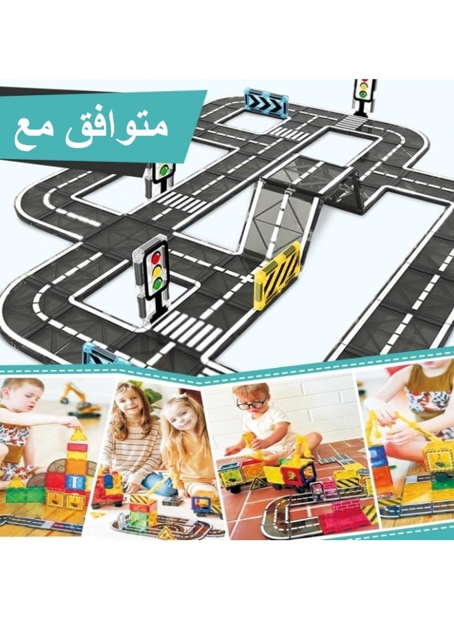 Loquat Magnetic Building Blocks Road Set, 50PCS Magnetic Tiles City Roads, Educational STEM Creativity Toys Magnetic Building Blocks Road Attachment Set Learning Activities Gift from 3 4 5 Years  - Image 3