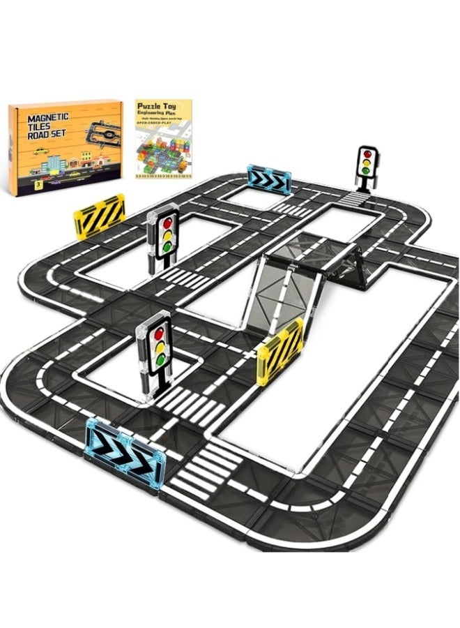 Loquat Magnetic Building Blocks Road Set, 50PCS Magnetic Tiles City Roads, Educational STEM Creativity Toys Magnetic Building Blocks Road Attachment Set Learning Activities Gift from 3 4 5 Years  - Image 1