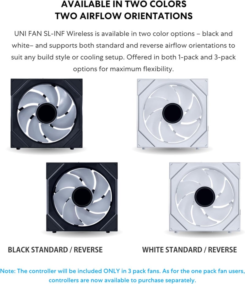 ليان لي مروحة ليان لي UNI Fan SL-Infinity Wireless 120 - حزمة ثلاثية - تحكم مروحة ARGB بإشارة لاسلكية 2.4 جيجاهرتز - تصميم مرآة مزدوجة اللانهاية - ضوضاء منخفضة - يتضمن وحدة تحكم - أسود (12SLIN1W3B) - Image 2