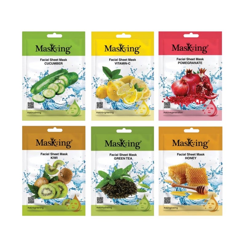 MASKING MasKing Beauty Cucumber VitaminC Pomegranate Kiwi Green tea Honey extract Facial sheet mask for glowing and hydrating daily Skin care combo pack of 6  - Image 1