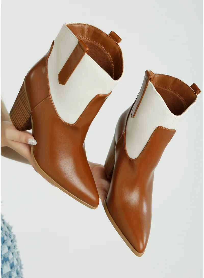 London Rag Two Tone Cowboy Boots in Tan and Off White
