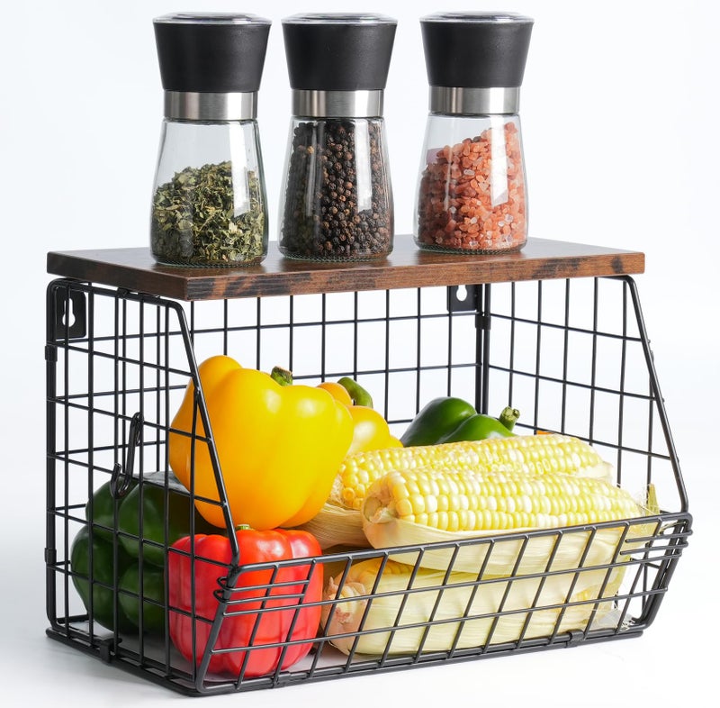 Wawocs Fruit Basket for Kitchen Counter, Fruit Bowl Stackable Wall Mounted Hanging Fruit Basket Wire Basket with Wood Lid with Banana Hanger Hooks, Onion,Potato,Fruit and Vegetable Storage - Image 1