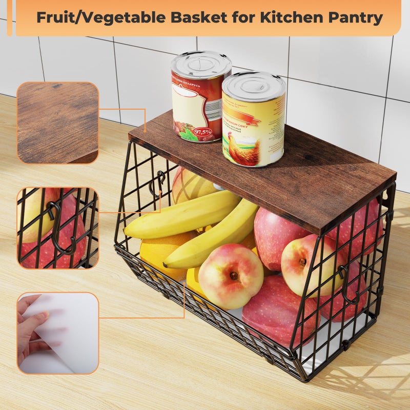 Wawocs Fruit Basket for Kitchen Counter, Fruit Bowl Stackable Wall Mounted Hanging Fruit Basket Wire Basket with Wood Lid with Banana Hanger Hooks, Onion,Potato,Fruit and Vegetable Storage - Image 3