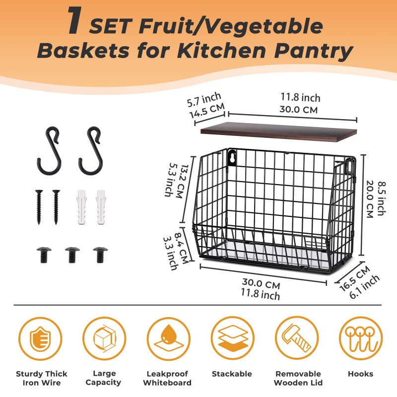 Wawocs Fruit Basket for Kitchen Counter, Fruit Bowl Stackable Wall Mounted Hanging Fruit Basket Wire Basket with Wood Lid with Banana Hanger Hooks, Onion,Potato,Fruit and Vegetable Storage - Image 4