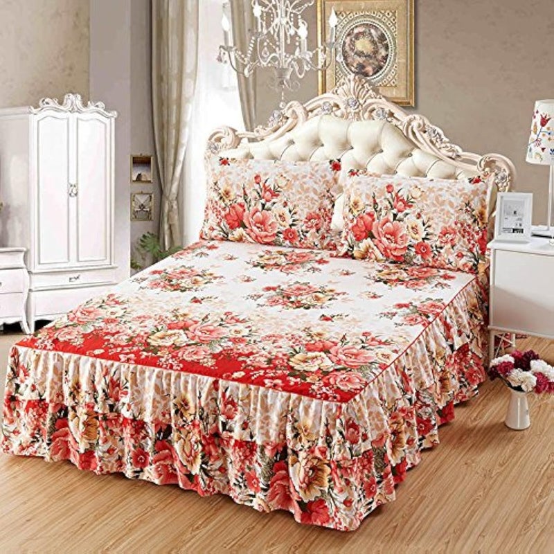 Zhiyuan Zhiyuan 2 Layers Ruffled Bed Sheet Skirt Brushed Microfiber Bedspread with 2 Pillow Shams Queen Beige 