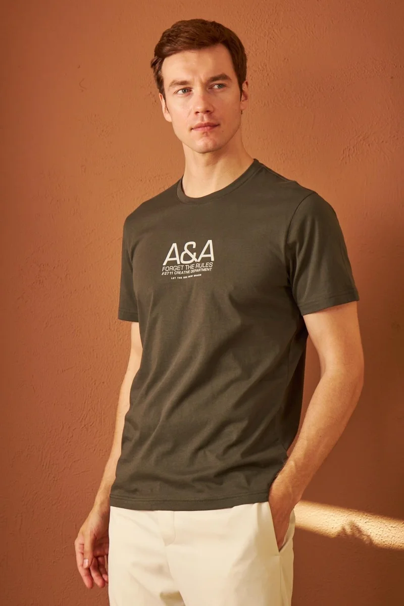 Odelon Men's Comfort Fit Printed Cotton T-Shirt Khaki MARS14