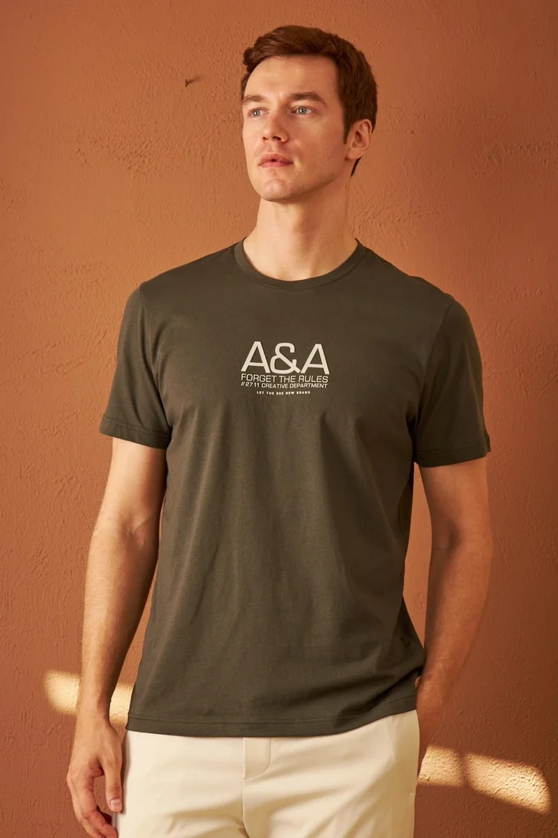 Odelon Men's Comfort Fit Printed Cotton T-Shirt Khaki MARS14