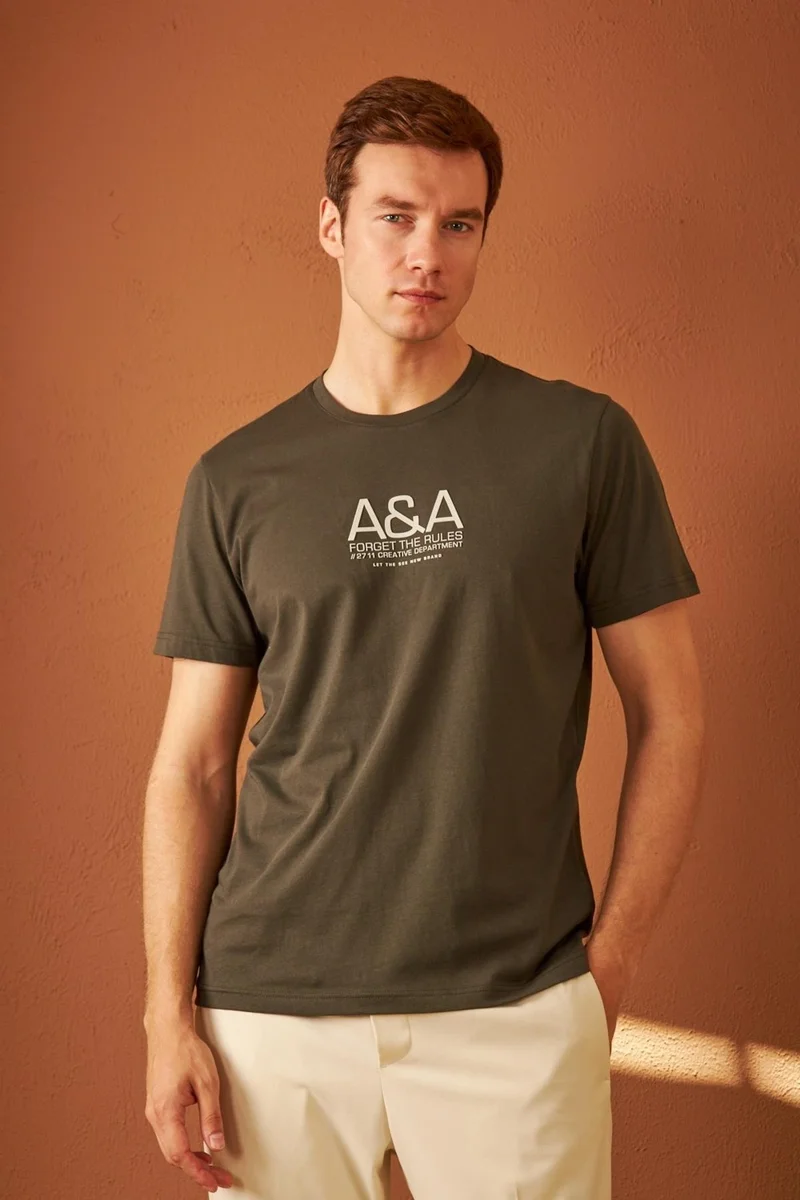 Odelon Men's Comfort Fit Printed Cotton T-Shirt Khaki MARS14