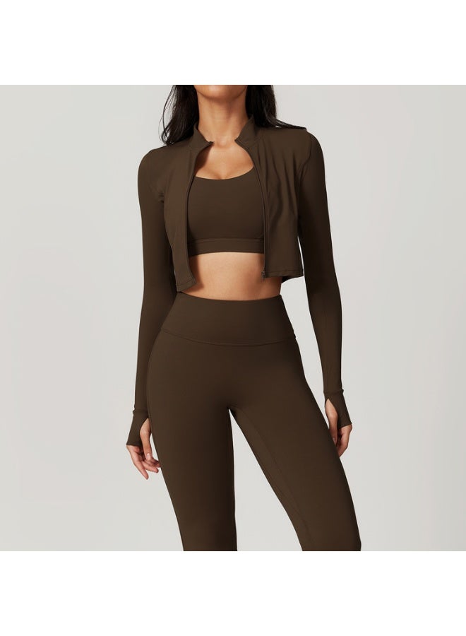 Women 3Pcs Long-Sleeved Sports Set Casual Standing Collar Tight Jacket Breathable Workout Bra High Waisted Yoga Pants - Image 1