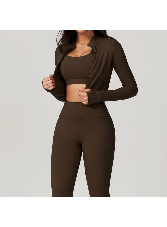 Women 3Pcs Long-Sleeved Sports Set Casual Standing Collar Tight Jacket Breathable Workout Bra High Waisted Yoga Pants - Image 3