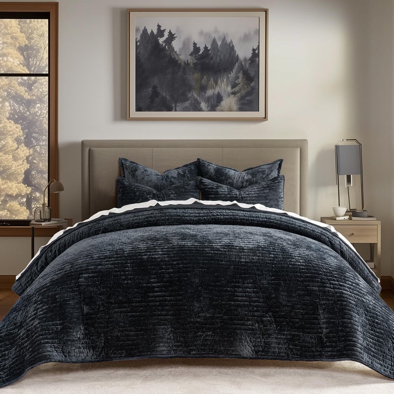 EVERGRACE Velvet Quilt Set King Size, Luxurious Soft Striped Channel Bedding Set, Lightweight Velvet Comforter for All Season, Oversized Bedspread Coverlet with 2 Matching Shams, Black - Image 1
