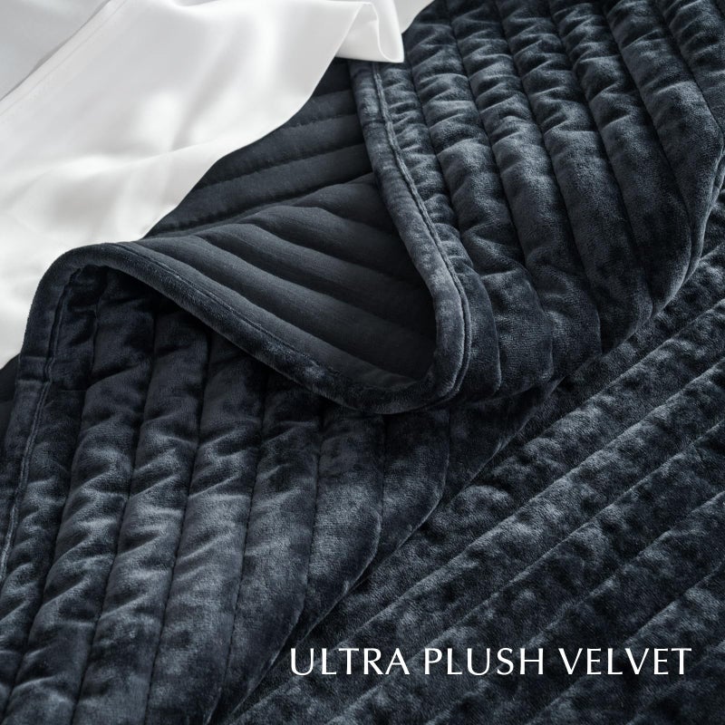 EVERGRACE Velvet Quilt Set King Size, Luxurious Soft Striped Channel Bedding Set, Lightweight Velvet Comforter for All Season, Oversized Bedspread Coverlet with 2 Matching Shams, Black - Image 5