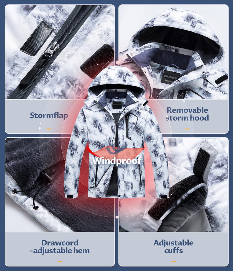 CREATMO US Men's Waterproof Ski Jacket Warm Snow Coat Mountain Windbreaker Black White XL - Image 5